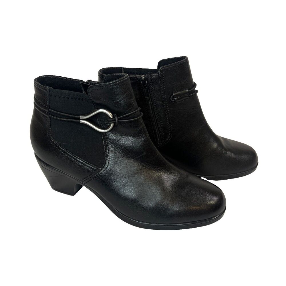 Clarks Black Leather Buckle Ankle Booties Shooties 2-inch Heel Size 7.5 Side Zip